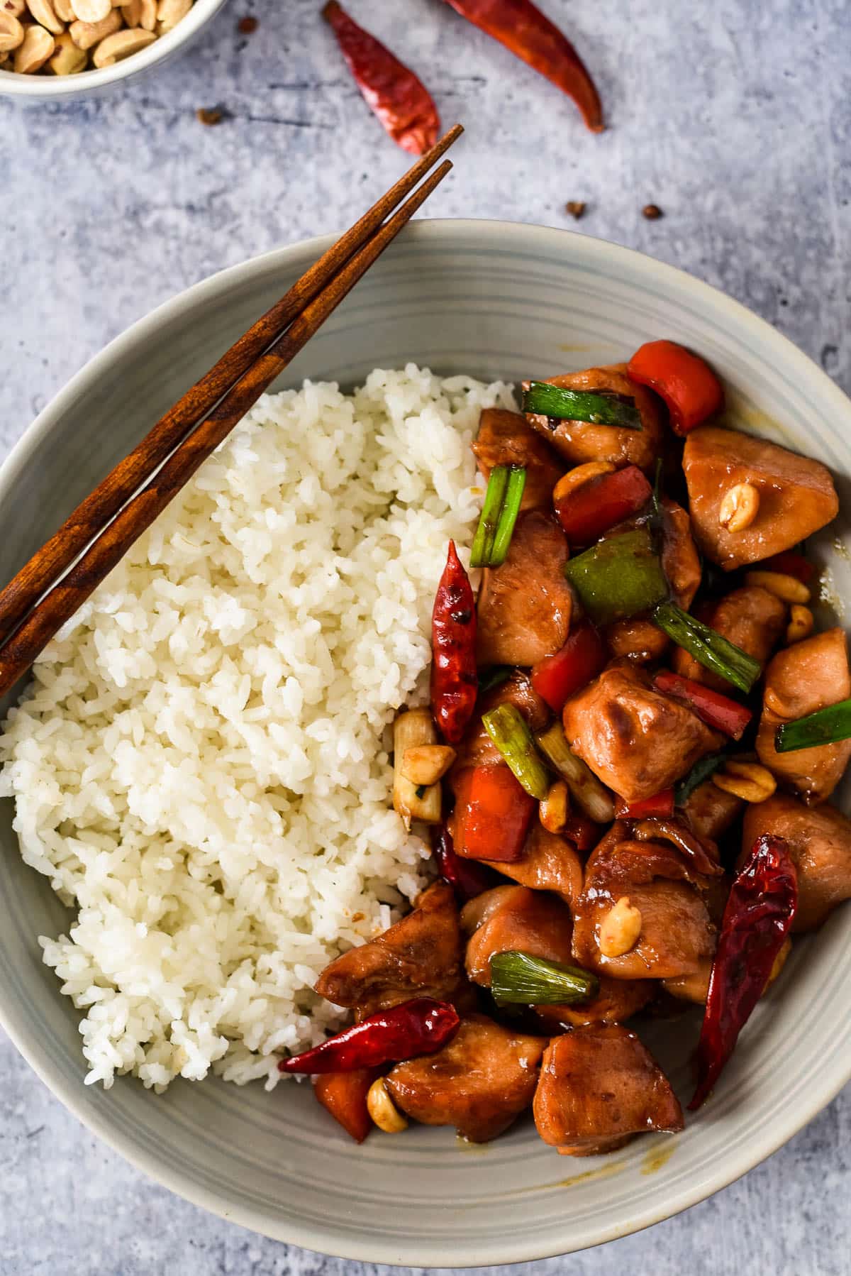 kung pao chicken in bowl with rice