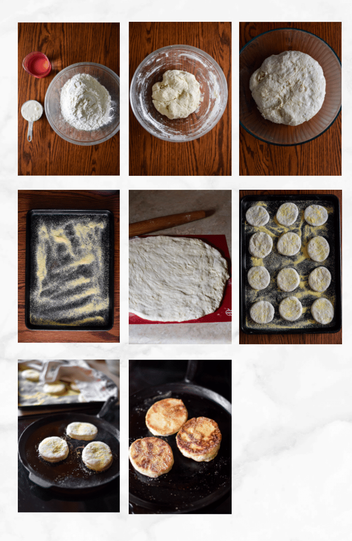 collage showing steps to make sourdough english muffins