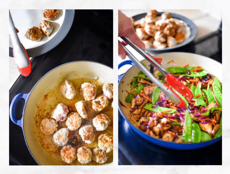 collage showing steps to make stir fry with meatballs